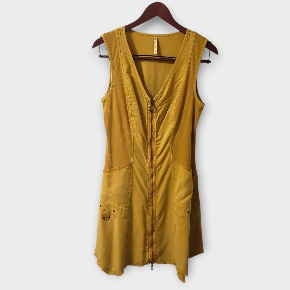 XCVI Melar Mini Dress Yellow Gold Full Zip Lyocell Sharkbite Hem Size M 3482